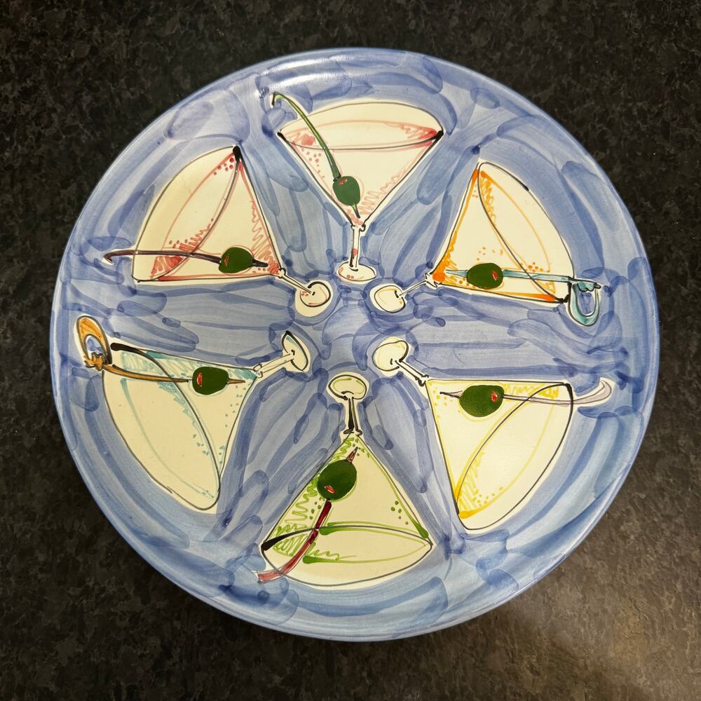 Hand Painted Martini Glass Platter Signed Pugh Retro Barware Cocktail Plate 12”